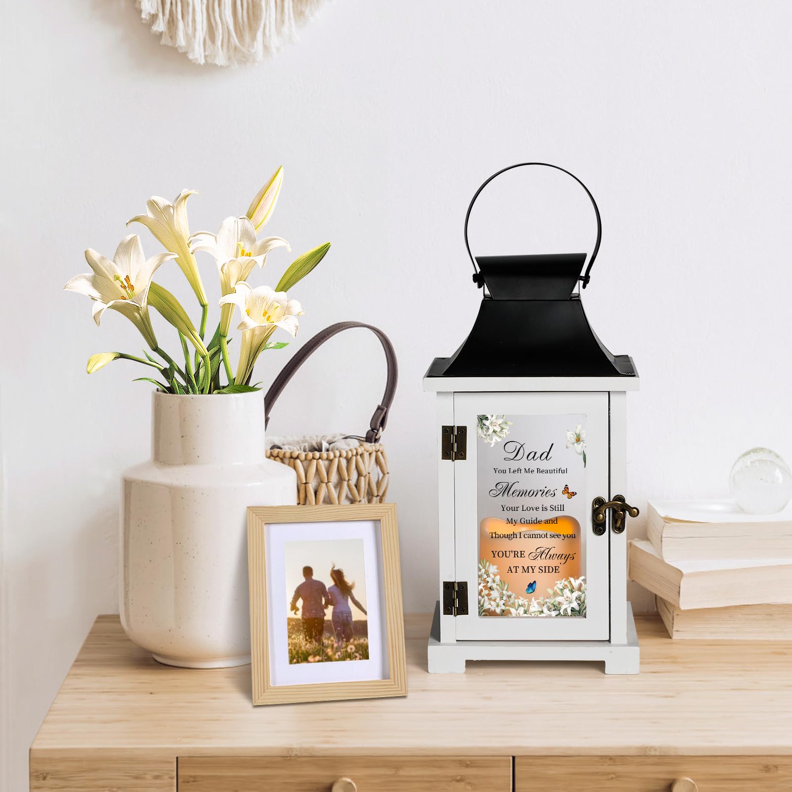 HugMemories lantern with glass sides and butterfly design shines warmly.
