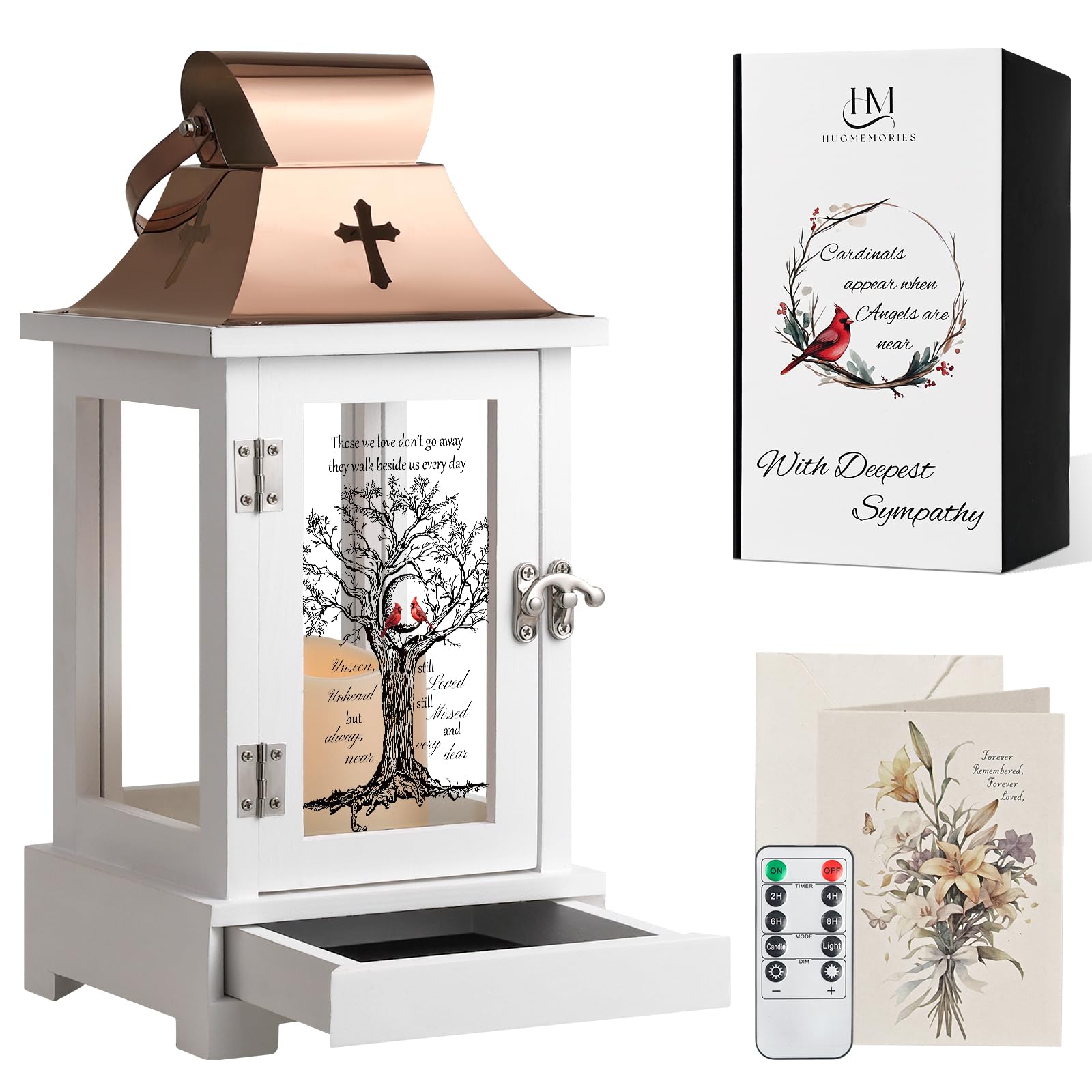 HugMemories memorial lantern with wood base glows warmly for remembrance.