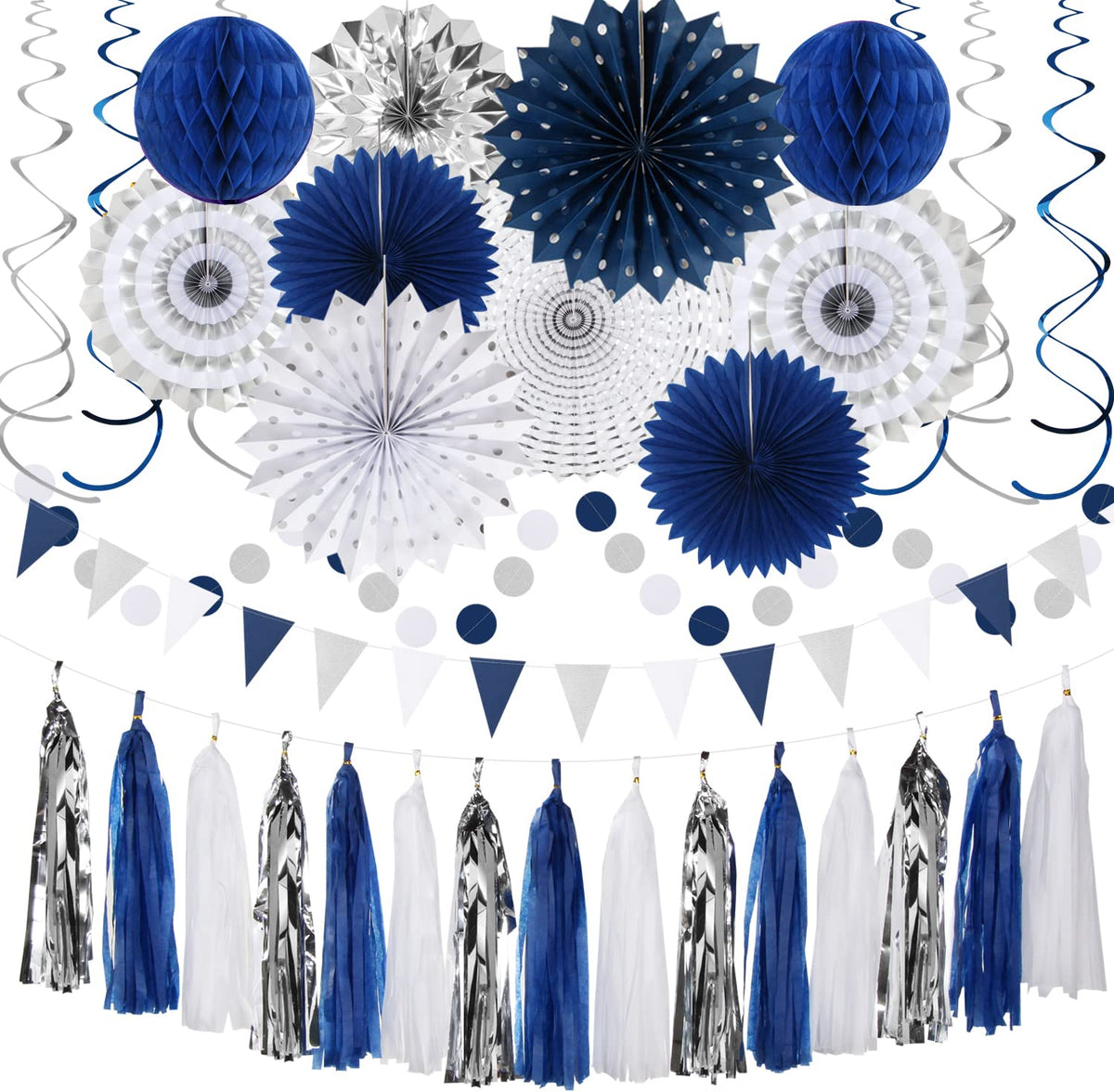 Hugtmr navy-blue white-silver banner decor adds a cohesive party backdrop.
