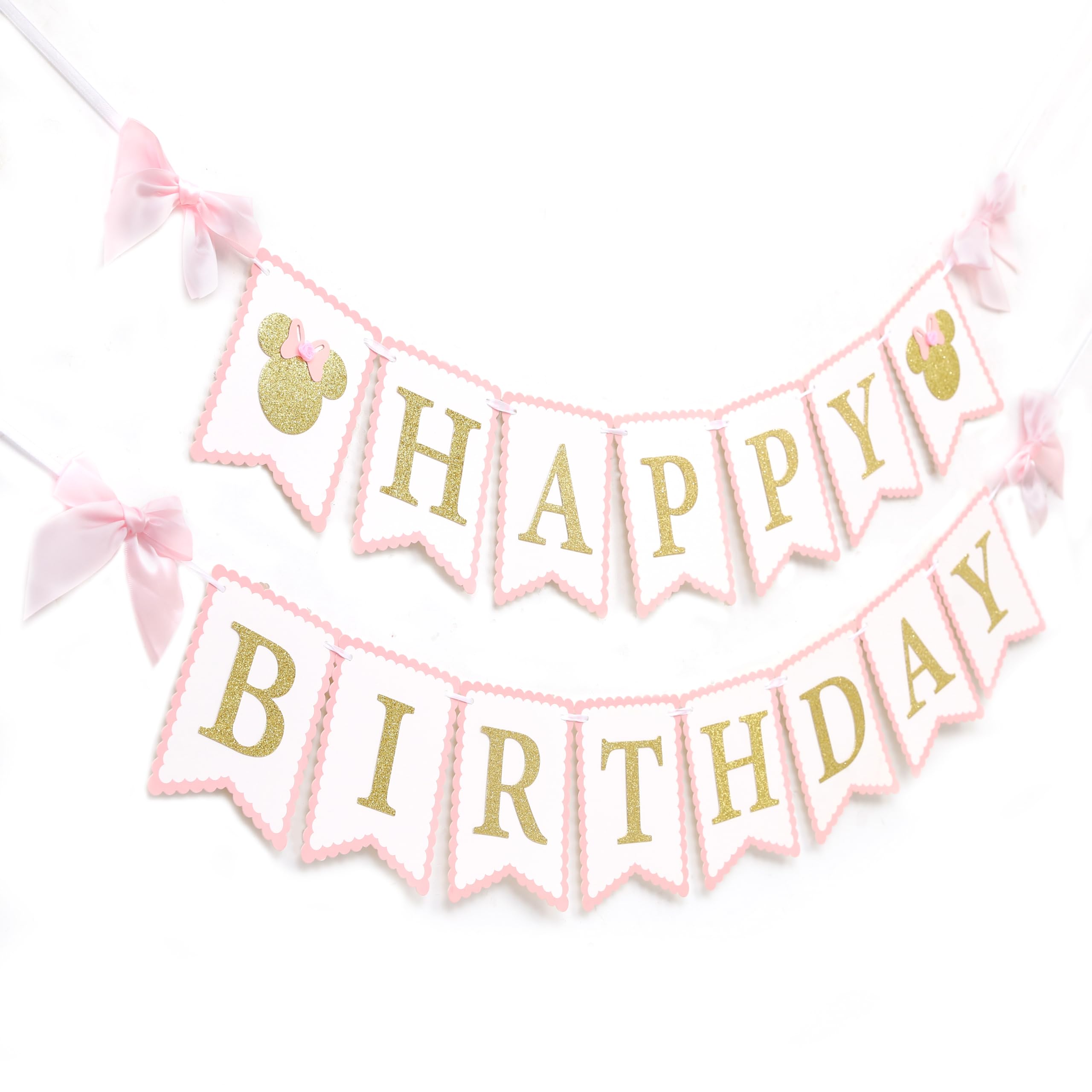 HUHJRUAR Mouse Happy Birthday Banner in pink and gold, ideal for memorable party photos.