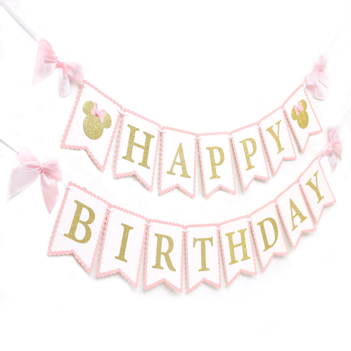 HUHJRUAR Mouse Happy Birthday Banner in pink and gold, ideal for memorable party photos.
