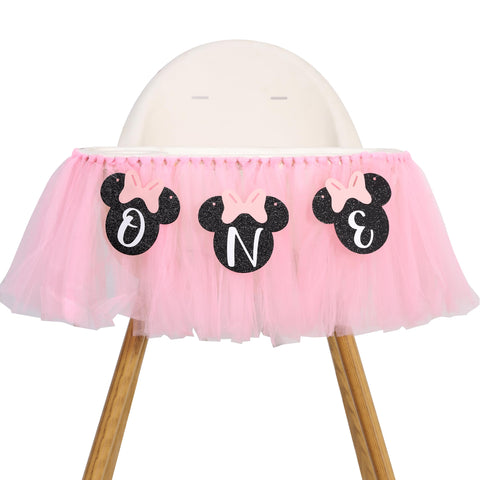 HUHJRUAR Mouse One high chair banner closeup in pink for festive first birthday decor.