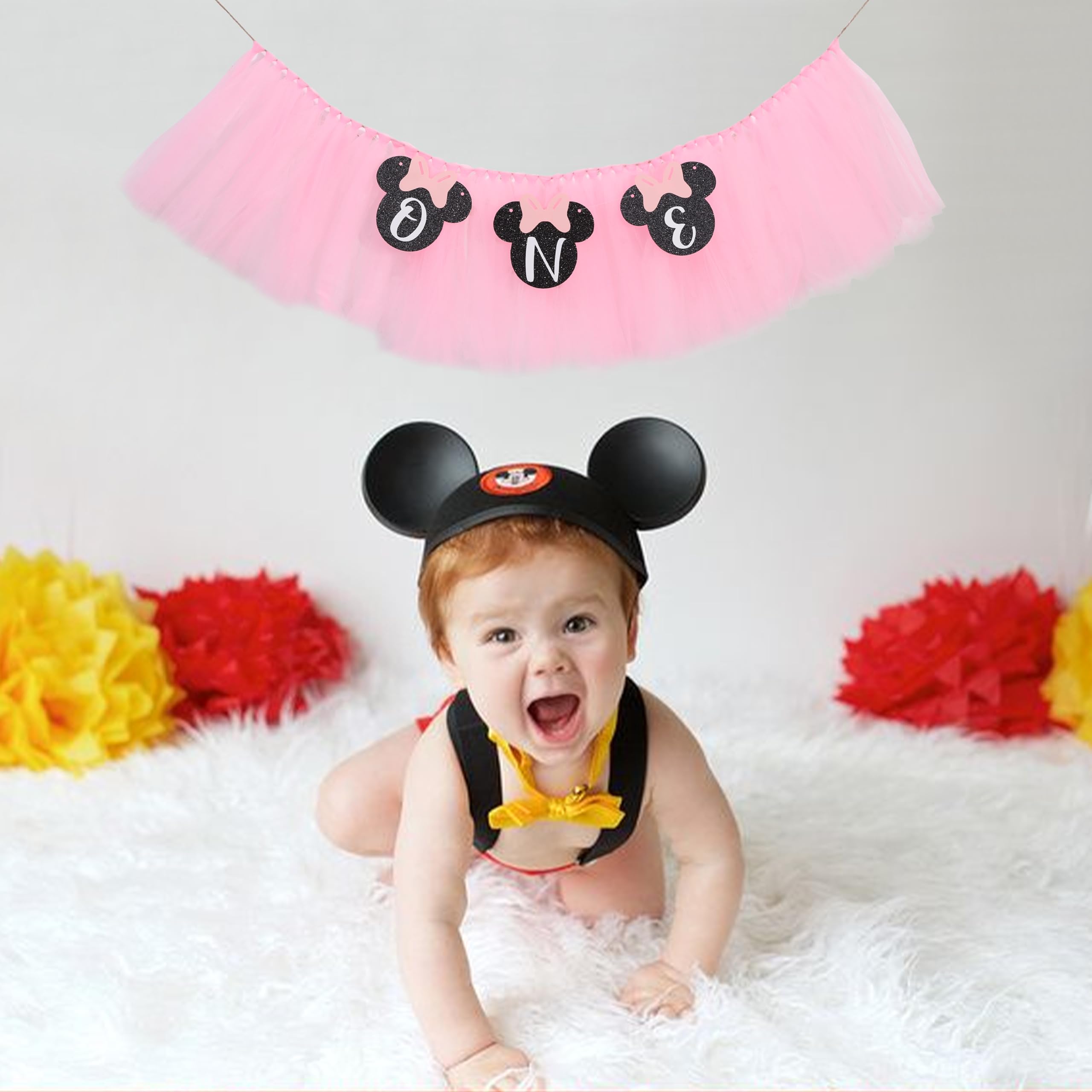 HUHJRUAR Mouse One high chair banner garland setup for charming pink first birthday party.