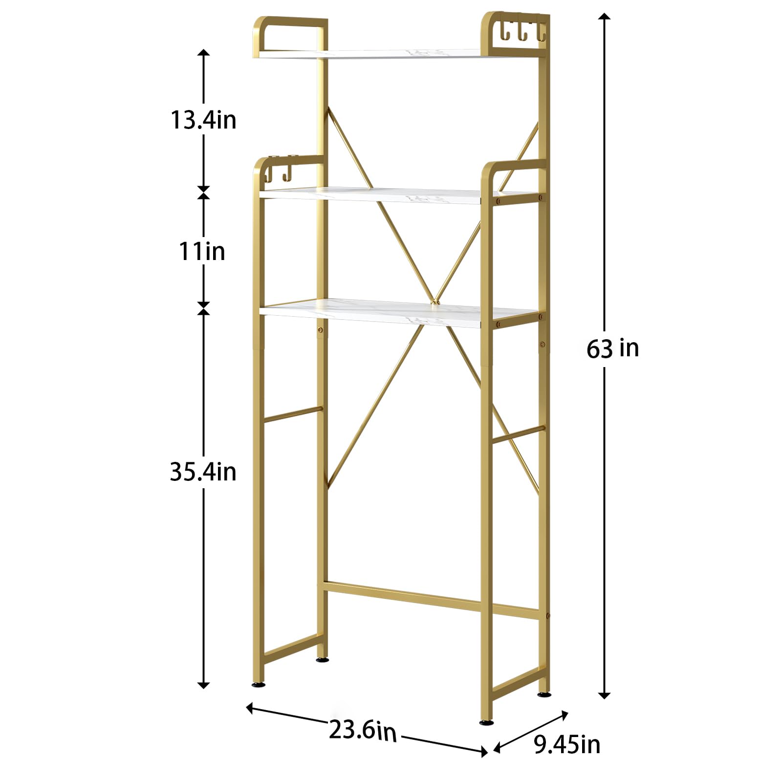 Huhote 3-tier toilet shelf showcases elegant white and gold frame.