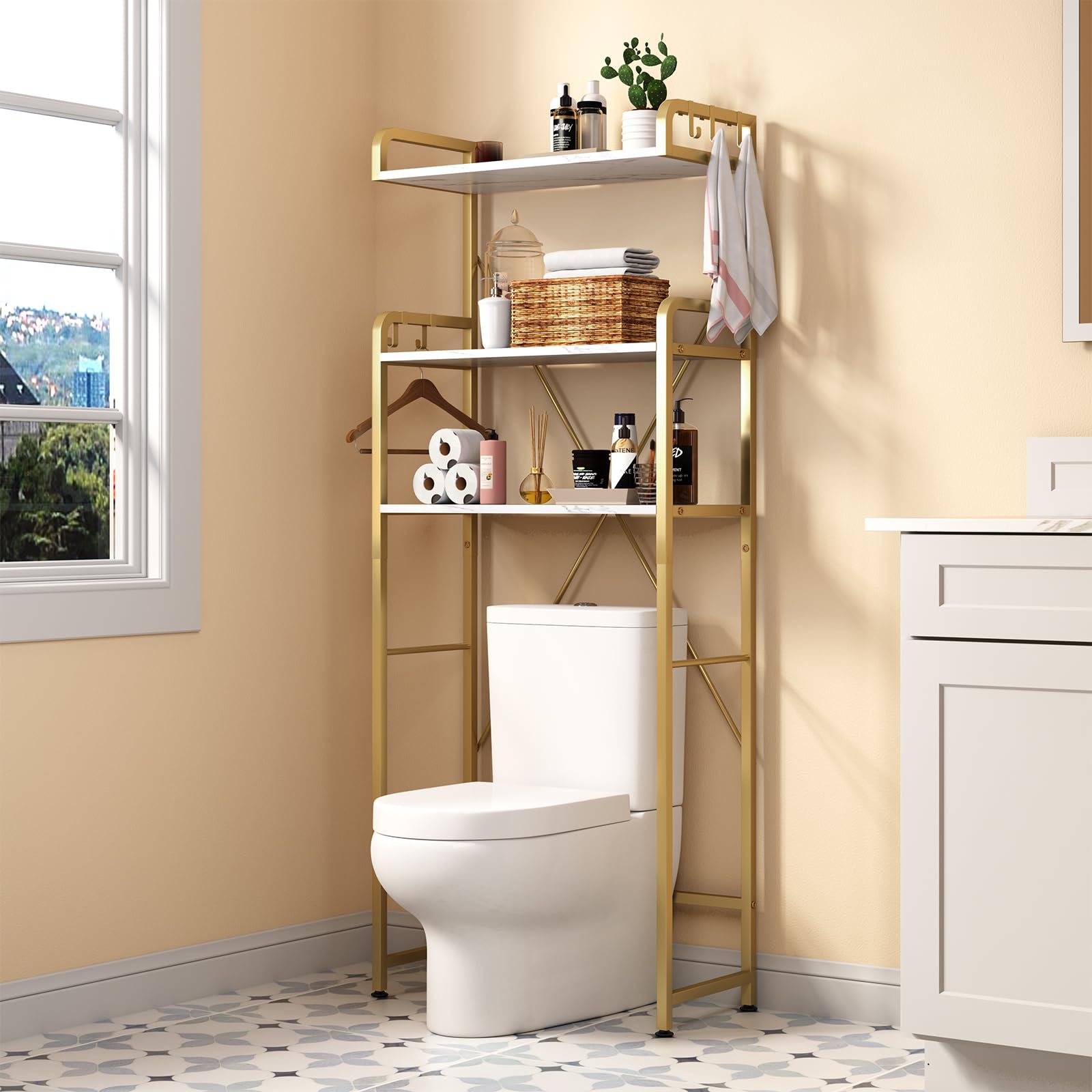 Huhote over-toilet storage rack keeps towels organized.