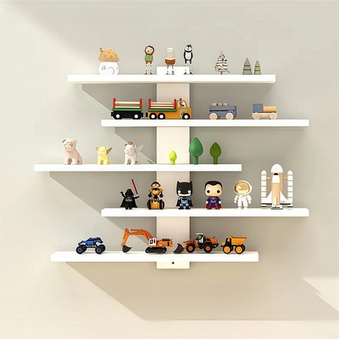 HUHUJIA 5-tier floating wall shelf in white displaying anime figures and decor for organized storage