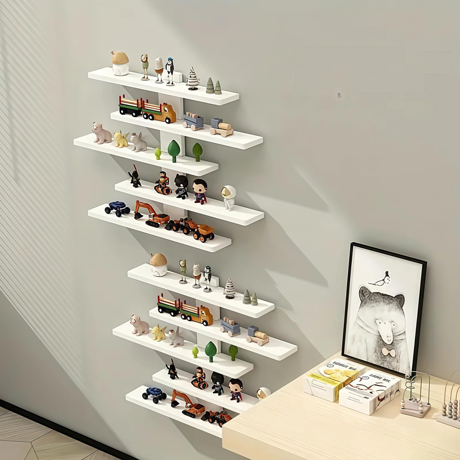 HUHUJIA doll collection on 5-tier shelf keeps toys organized and visible