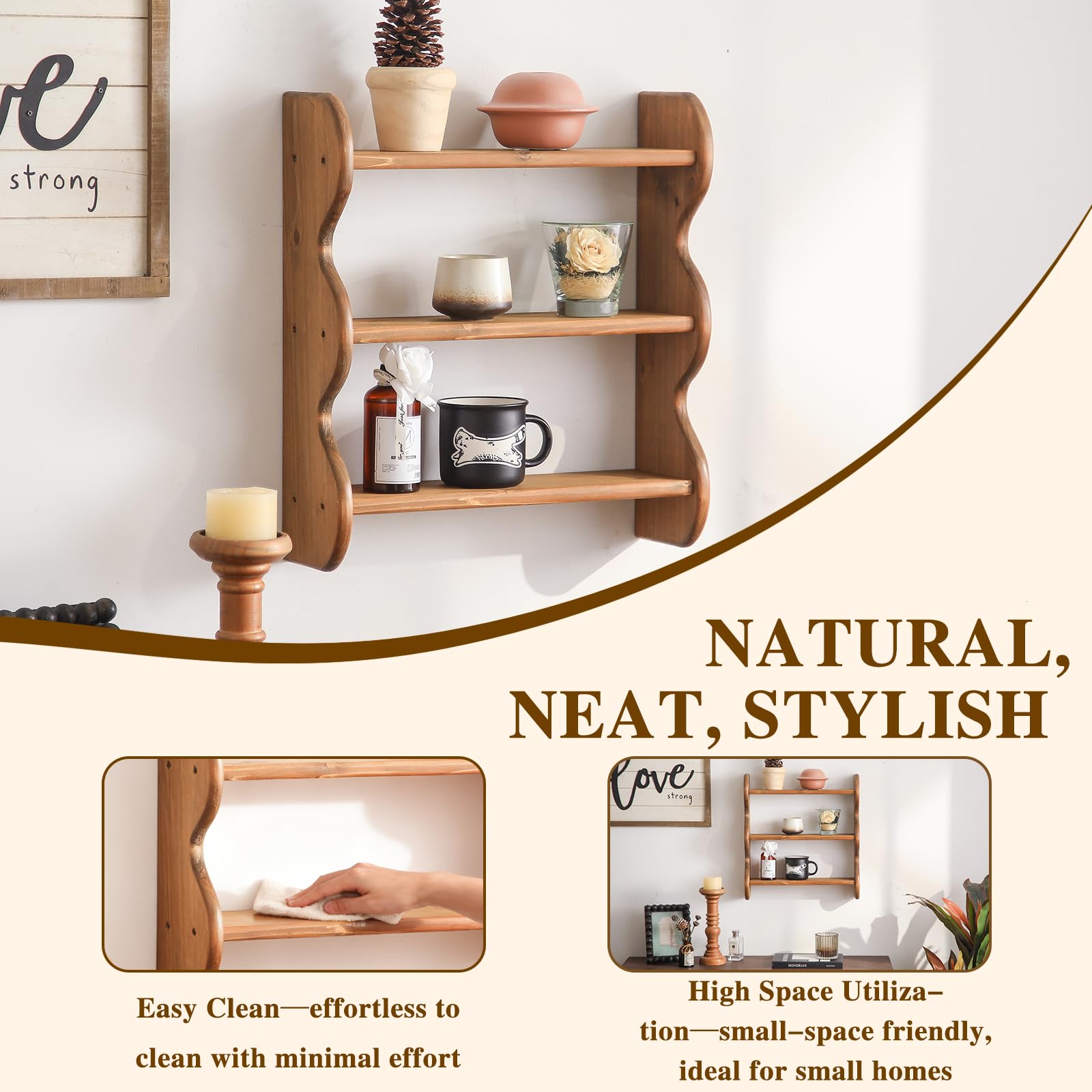 HuiDao rustic floating shelf with wavy-edge design adds vintage charm.