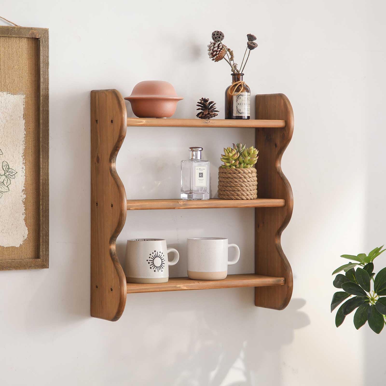HuiDao 3-tier solid wood wall shelf mounted for organized living room display.