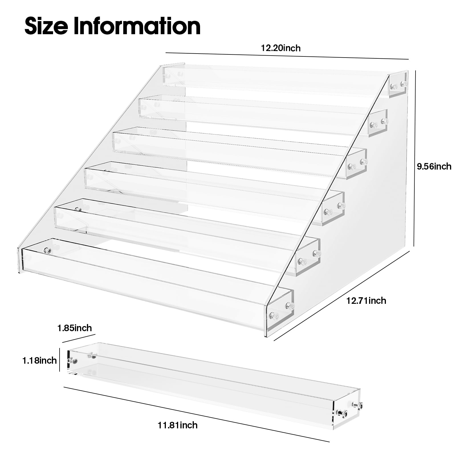 HUITAI display shelf side view highlighting compact footprint and storage capacity