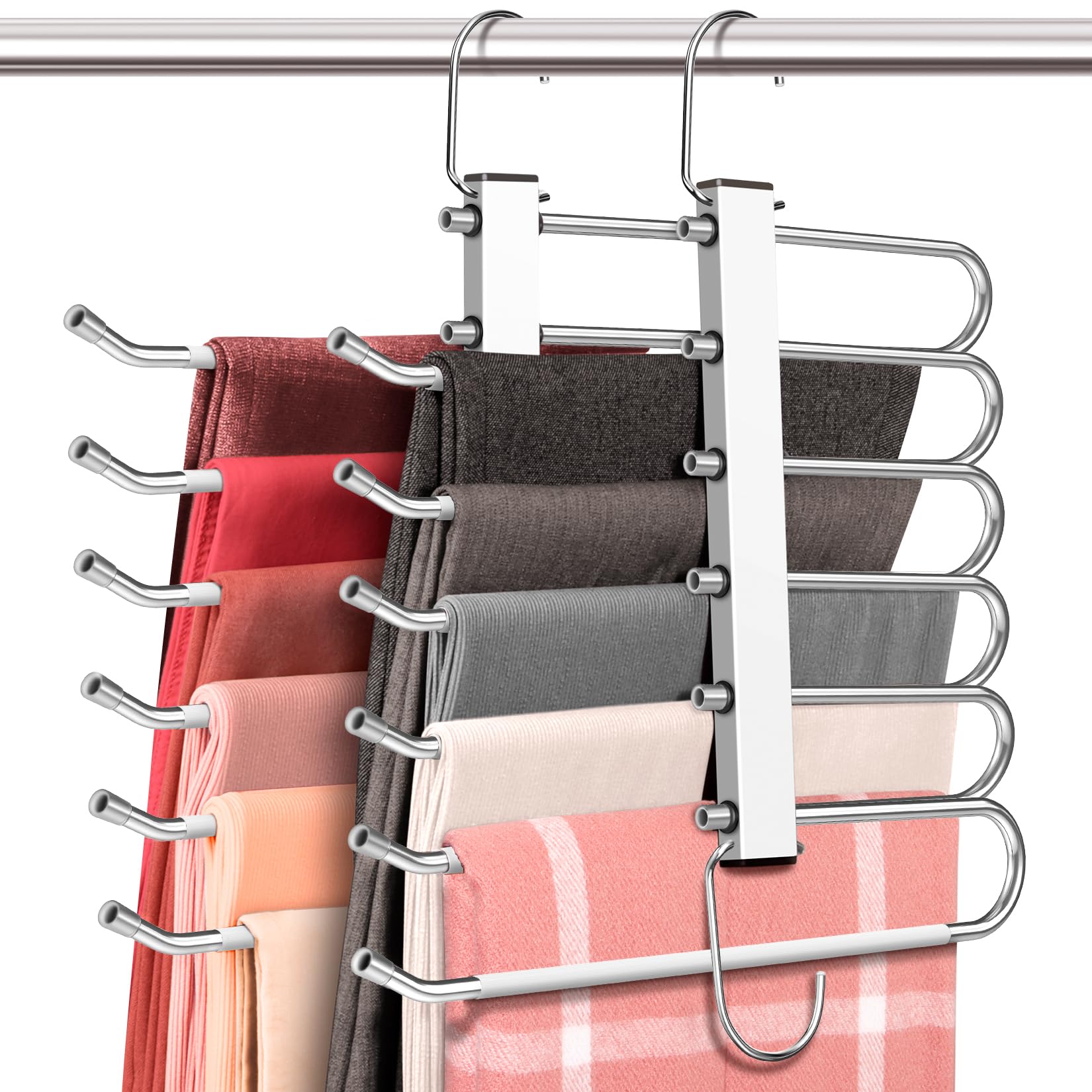 HUITEM 4-pack 6-tier pant hangers showing space-saving design for organized closet