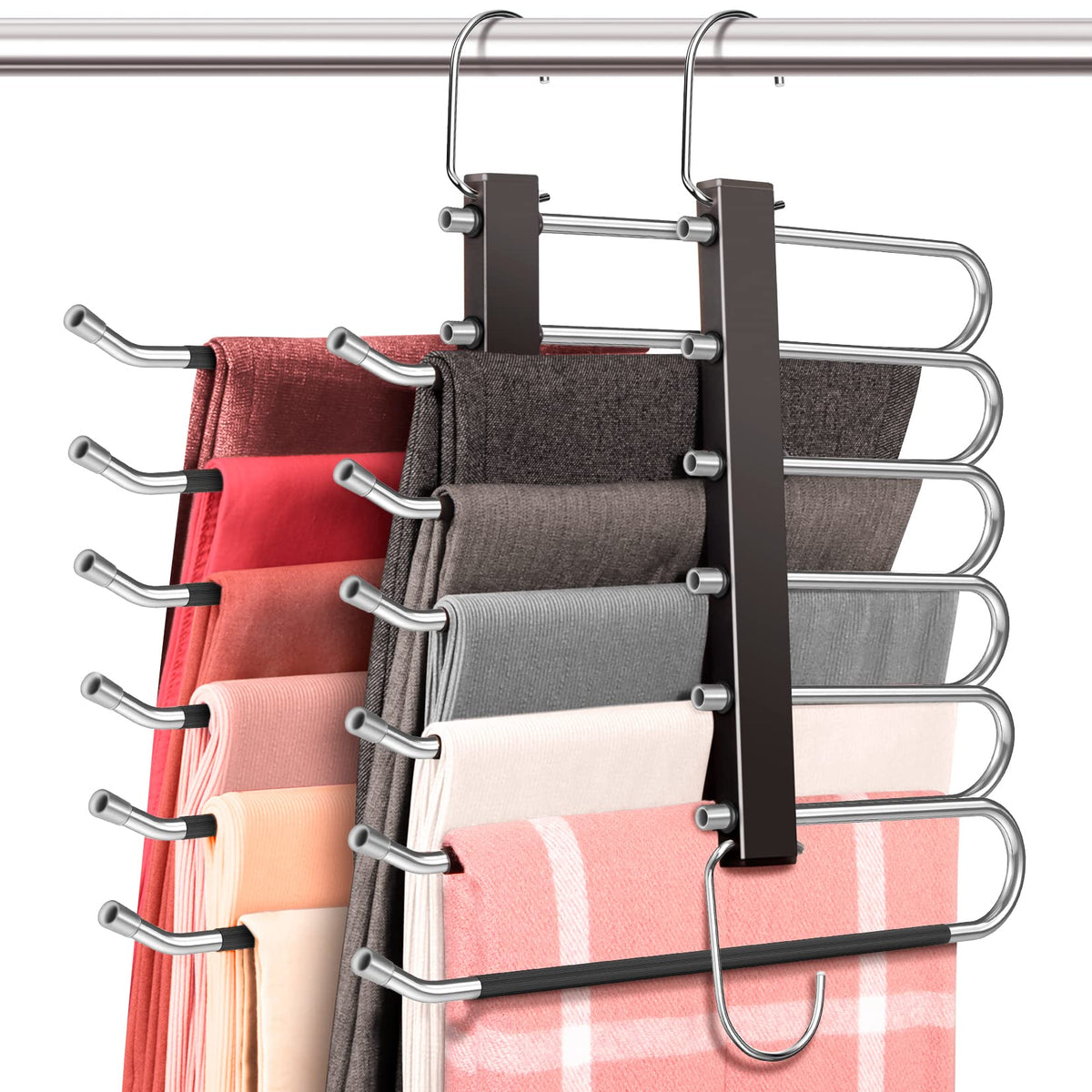 HUITEM four-pack six-tier pants hanger provides compact closet organization.