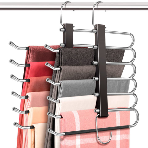 HUITEM four-pack six-tier pants hanger provides compact closet organization.