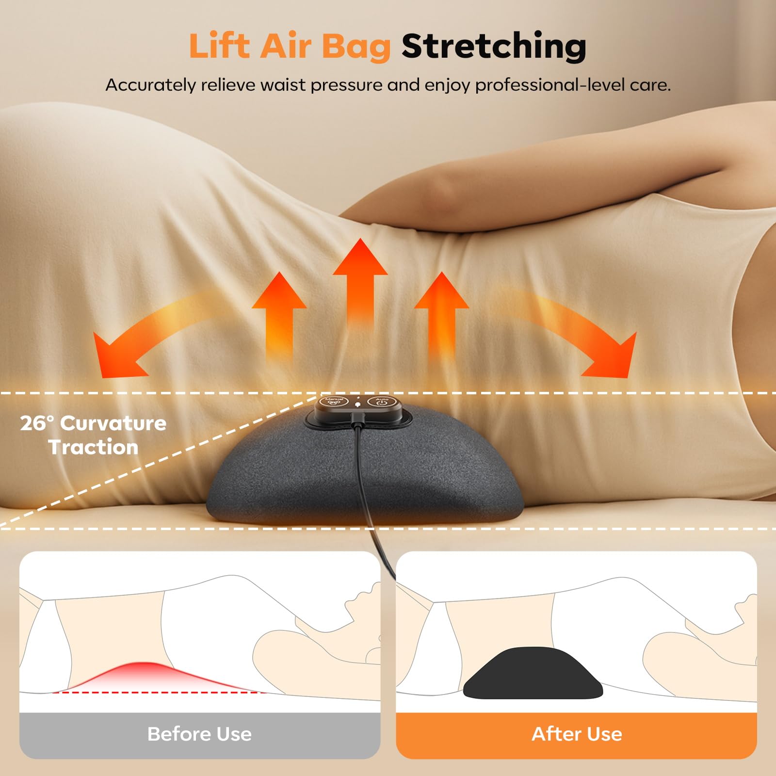 HuixinLine back massager pillow traction mode offers gentle spine stretch benefit.