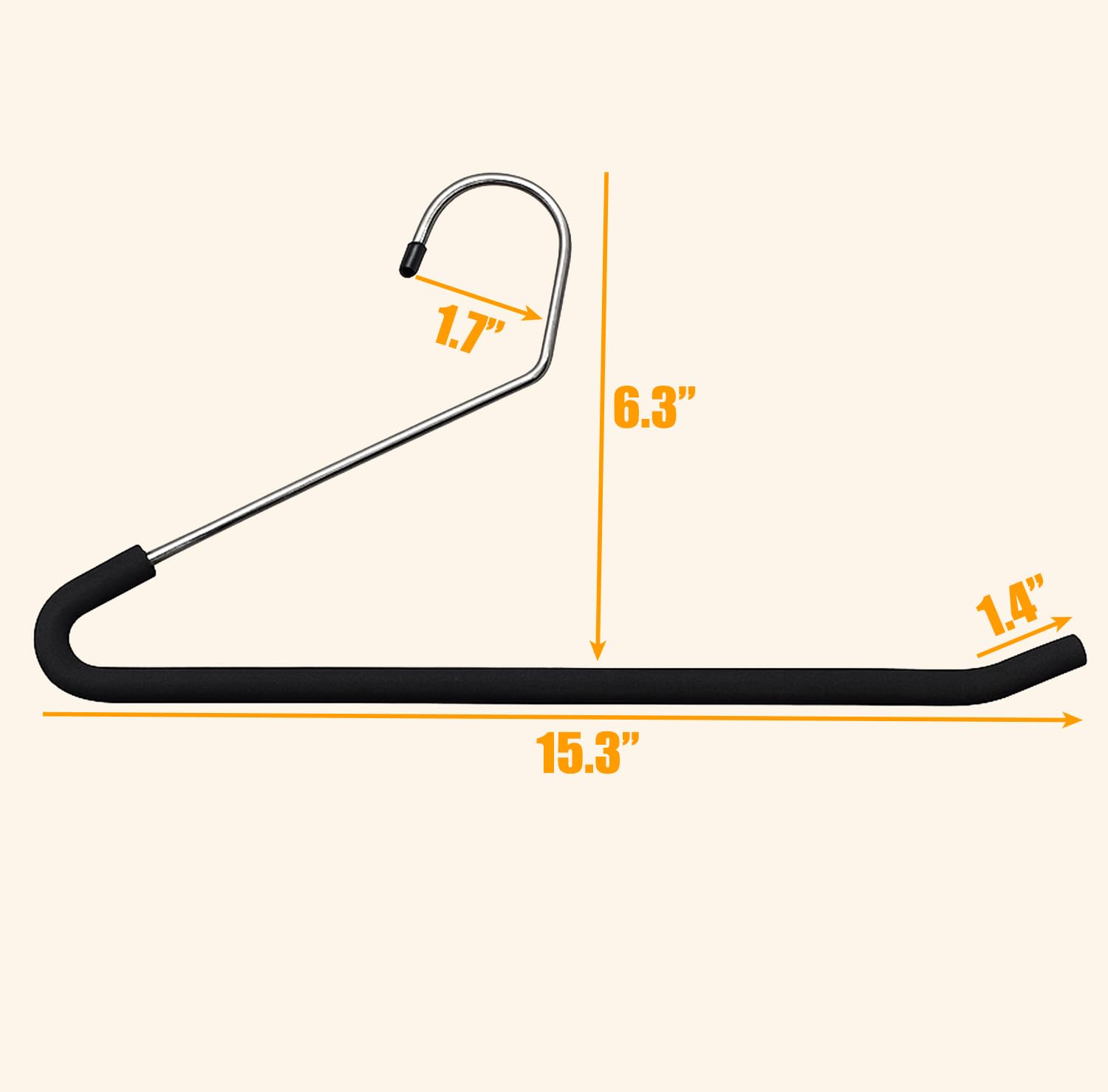Huji 14-inch chrome hanger; silver and black finish for versatile closets.