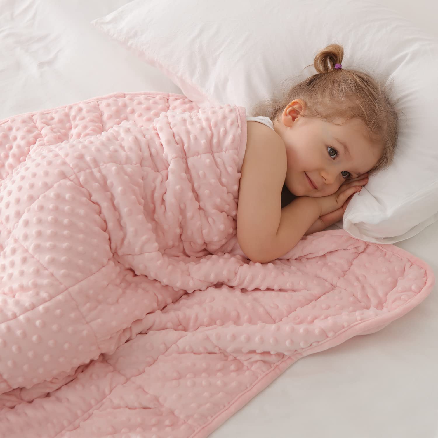 Huloo Sleep Kids weighted blanket 7lbs in pink, plush minky for cozy hugs.