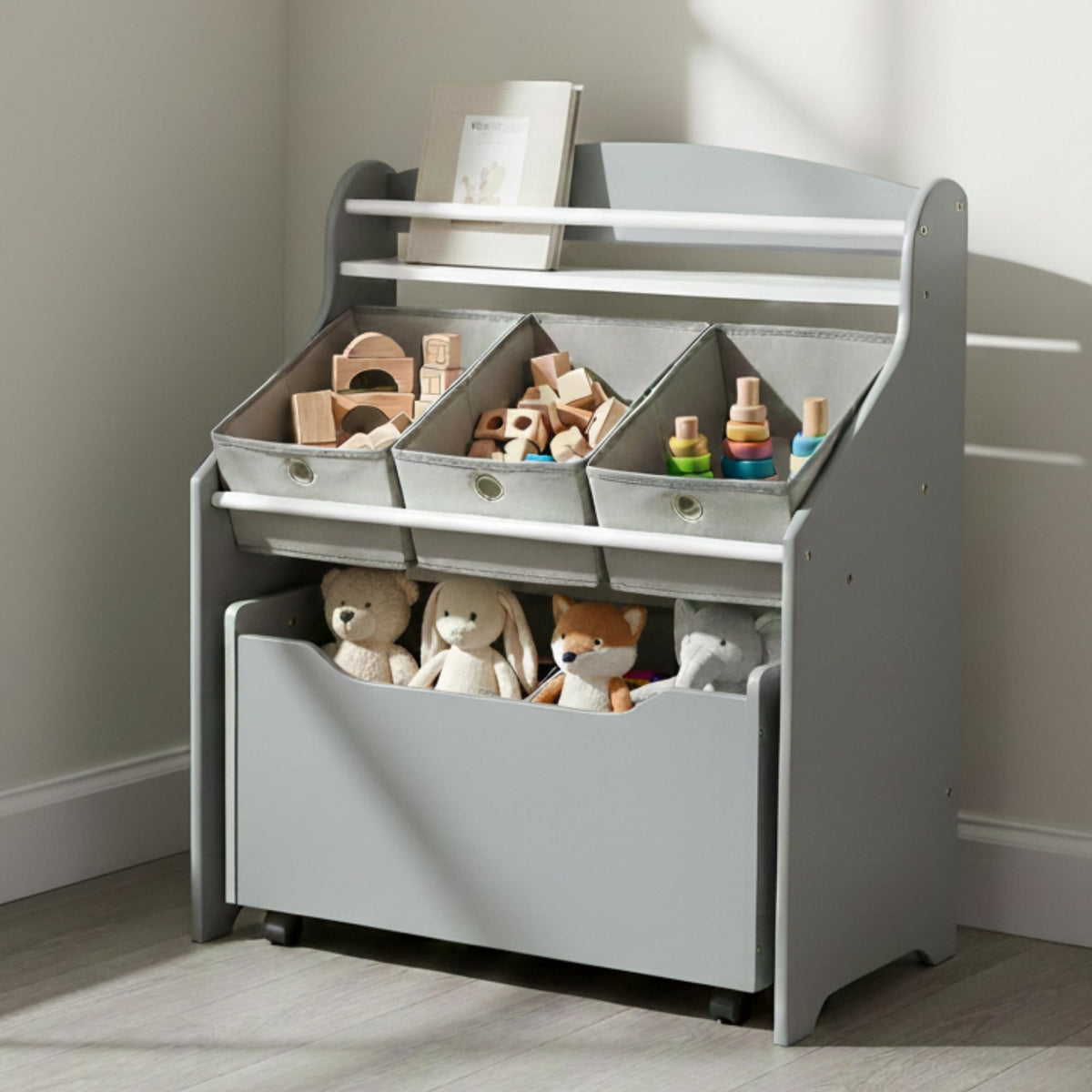 Humble Crew 3-in-1 top shelf shows books and decor for easy access