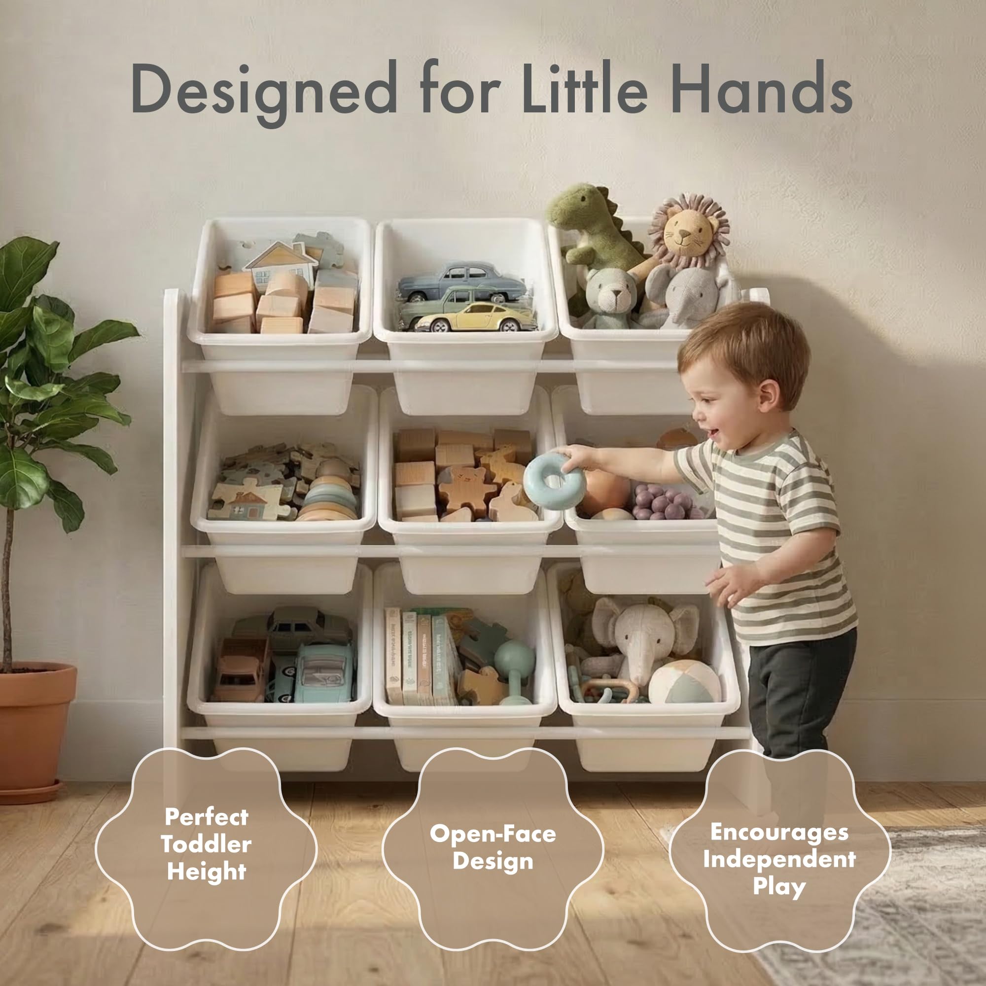 Humble Crew 3-tier toy storage bins promote easy access and independent cleanup.