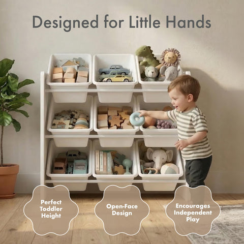 Humble Crew 3-tier toy storage bins promote easy access and independent cleanup.