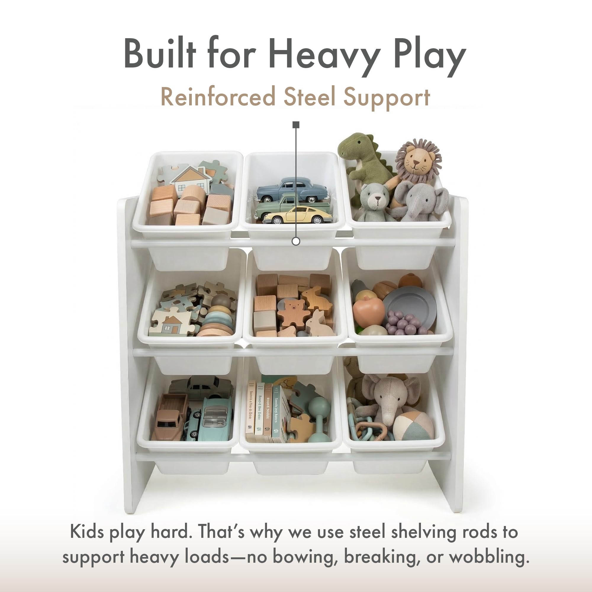 Humble Crew 9 removable bins keep toys sorted and easy for kids to grab.