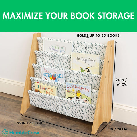 Humble Crew bookshelf in natural white green colorway enhances decor while organizing.