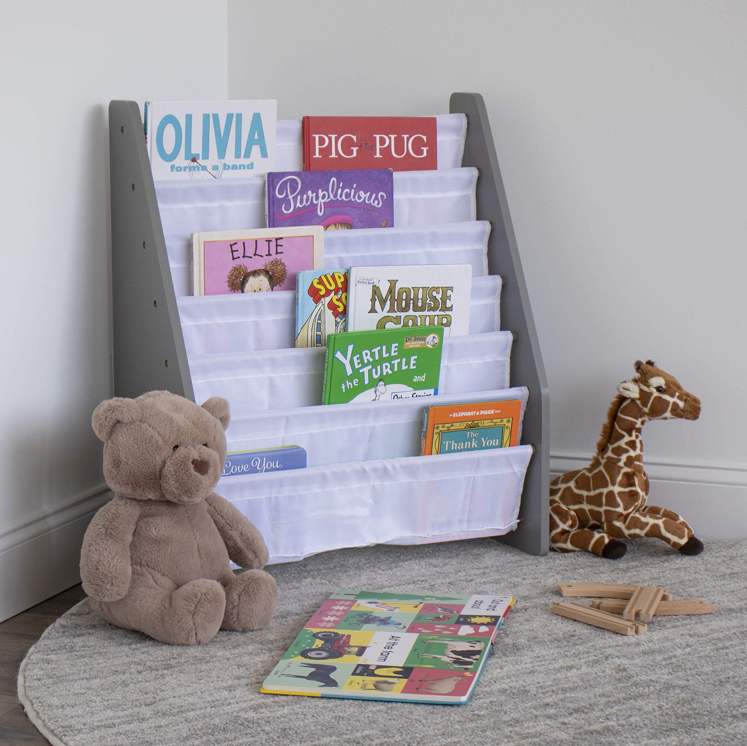 Humble Crew grey-white book shelf offers a modern storage solution for kids.