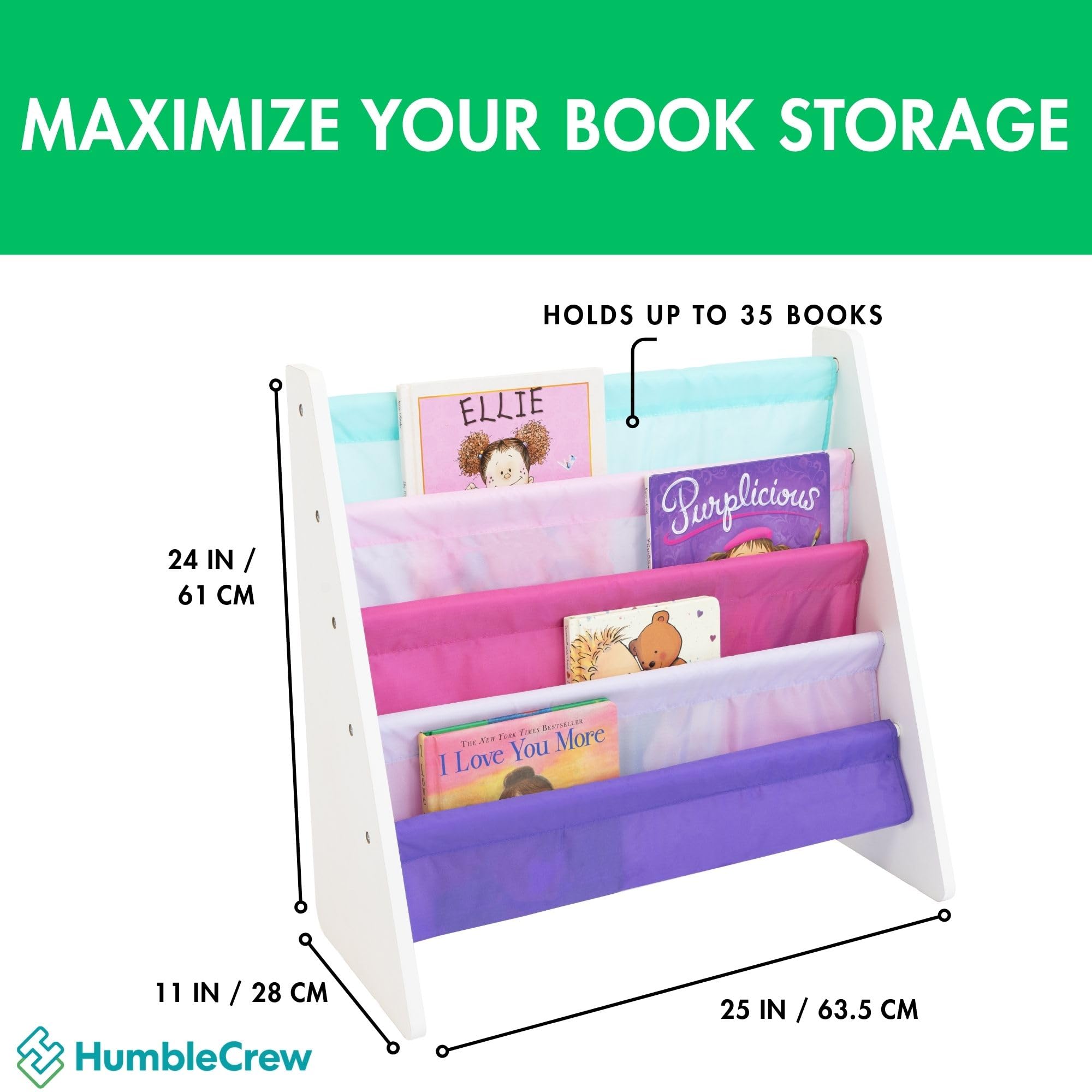 Humble Crew Kids Bookshelf compact dimensions fit small rooms without clutter.