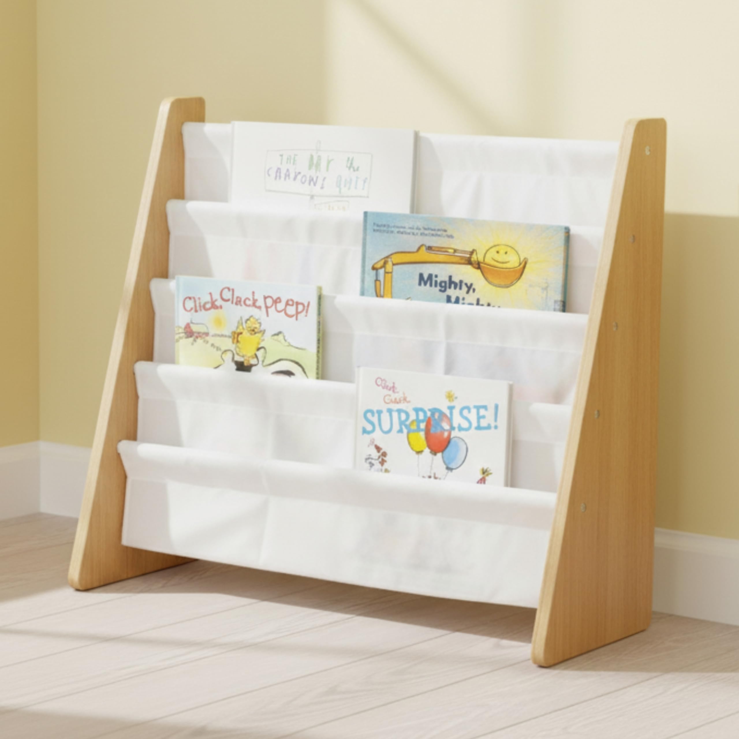 Humble Crew Kids Bookshelf four-tier layout keeps books organized and within reach.