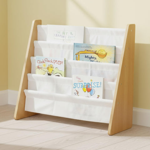 Humble Crew Kids Bookshelf four-tier layout keeps books organized and within reach.
