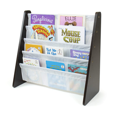 Humble Crew bookshelf side view shows durable espresso wood with white trim