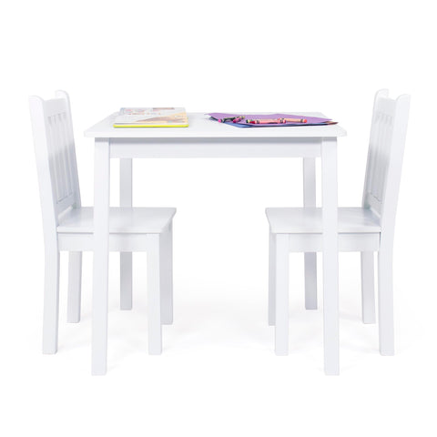 Humble Crew kids table and chair set in white for assembly and early learning activities.
