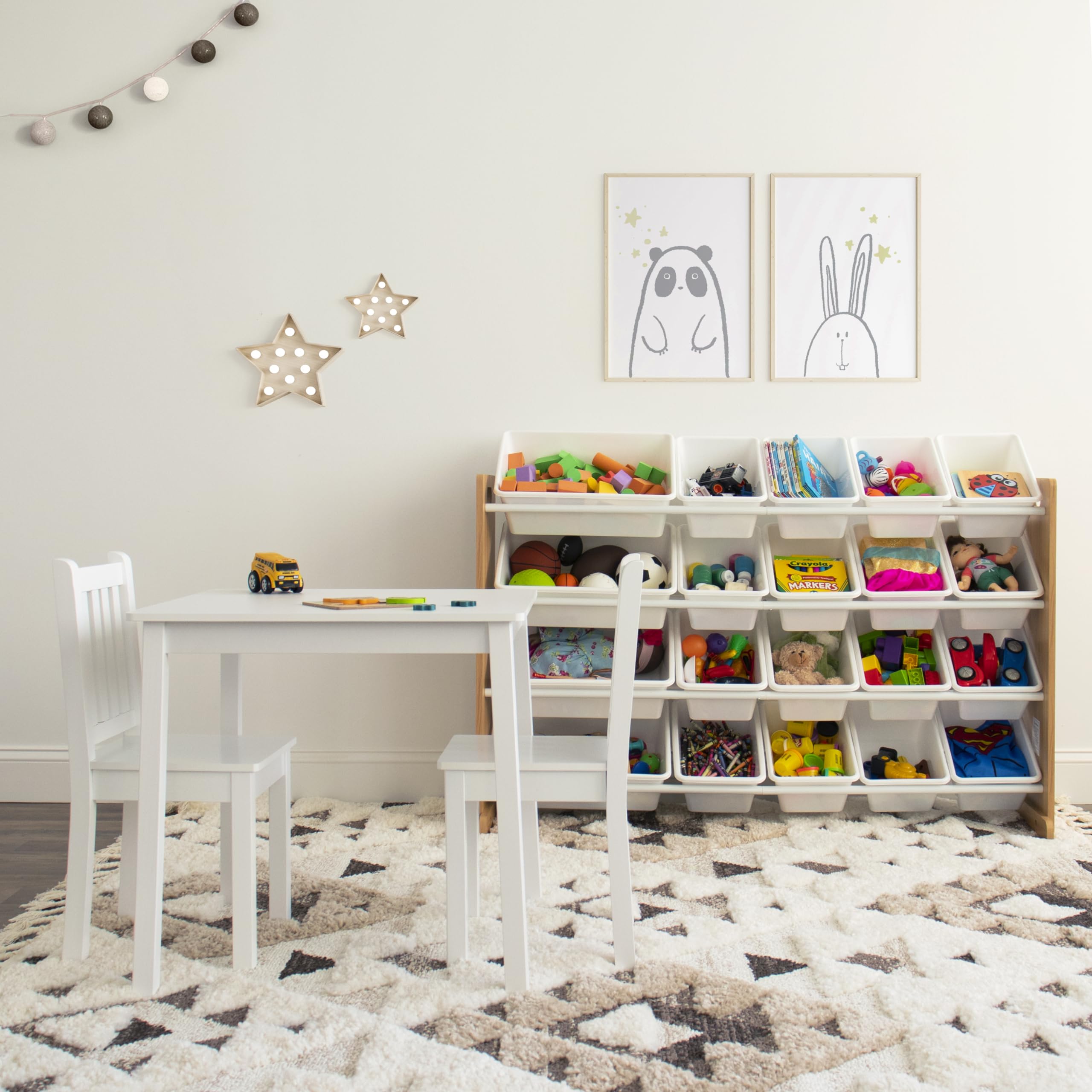 Humble Crew white table and chairs ideal for meals, crafts, and play.