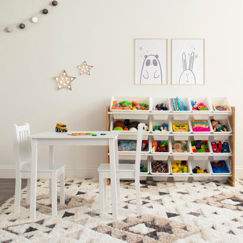 Humble Crew white table and chairs ideal for meals, crafts, and play.