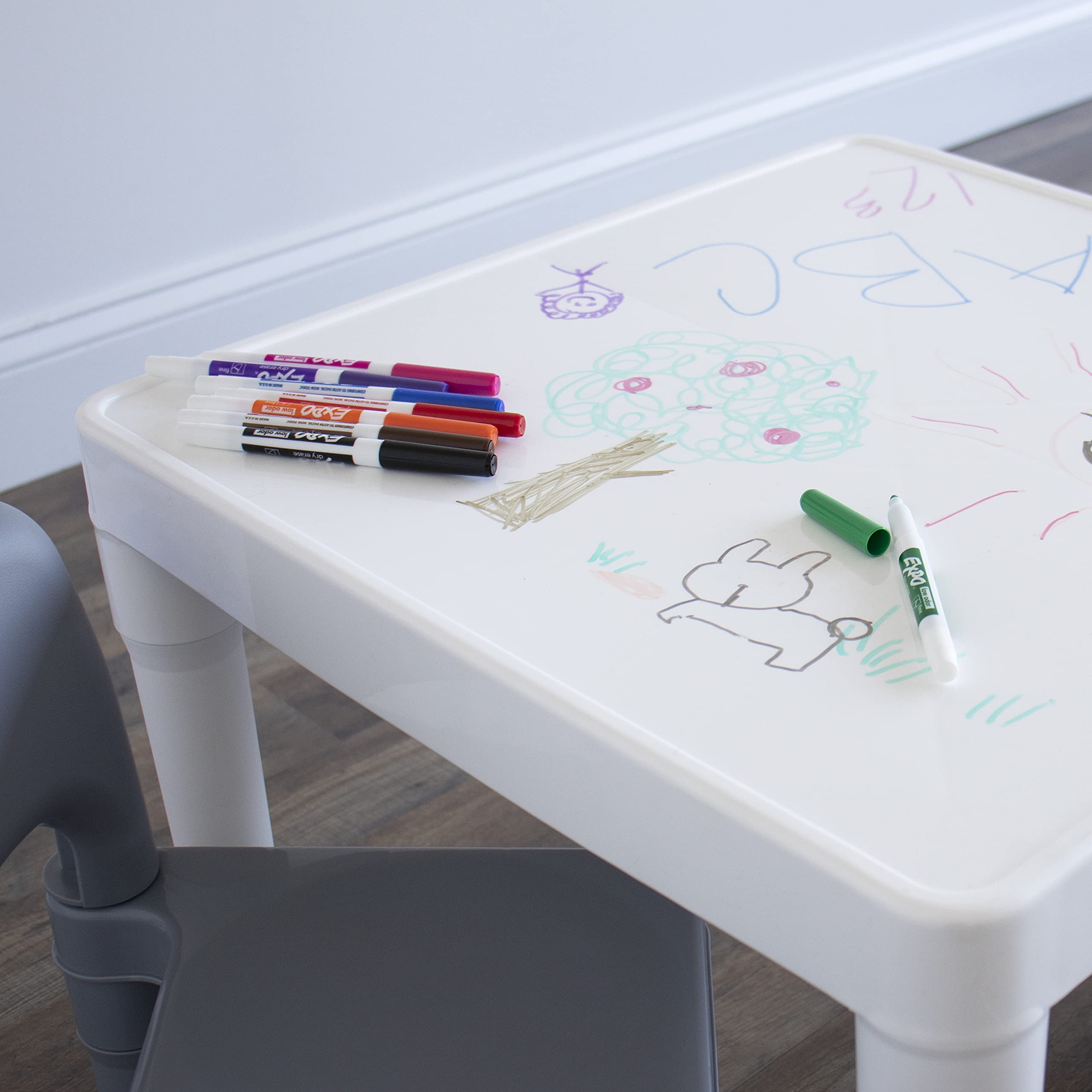 Humble Crew modern white table with grey chairs complements decor