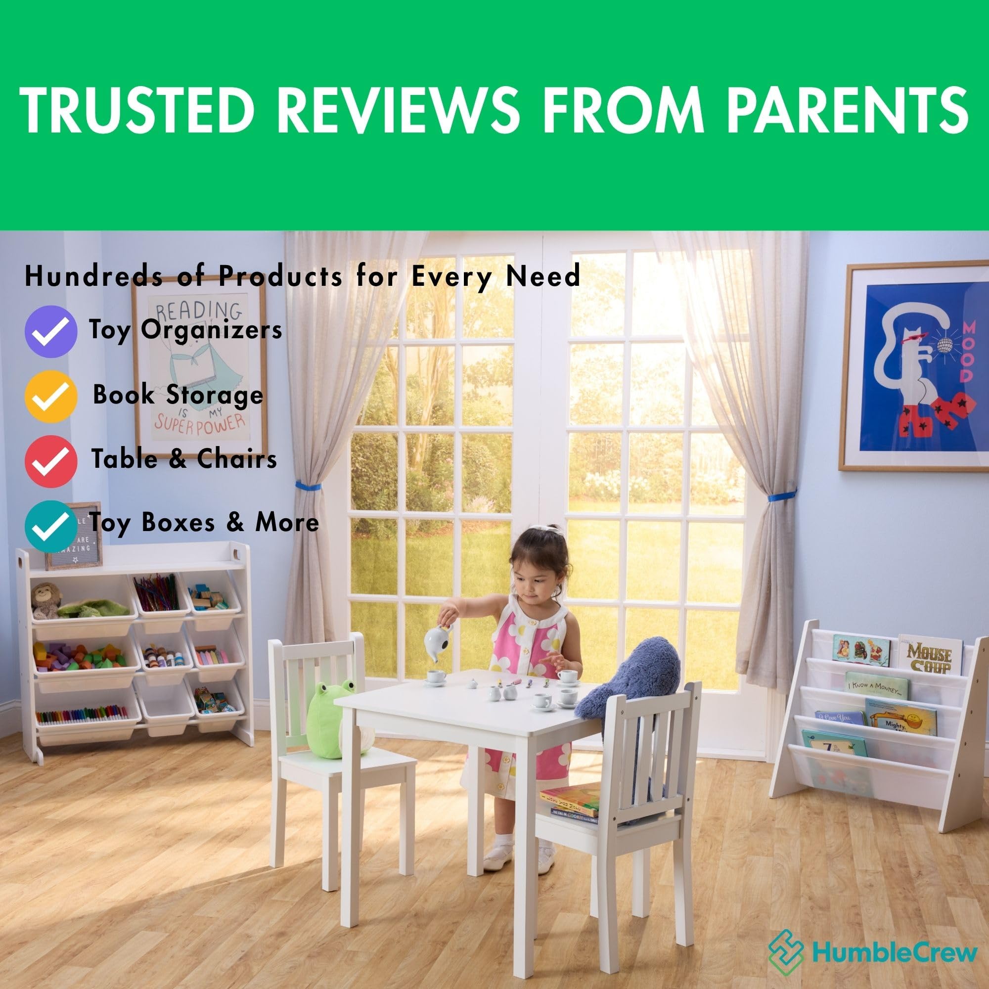 Humble Crew playroom organizer shown in a tidy bedroom