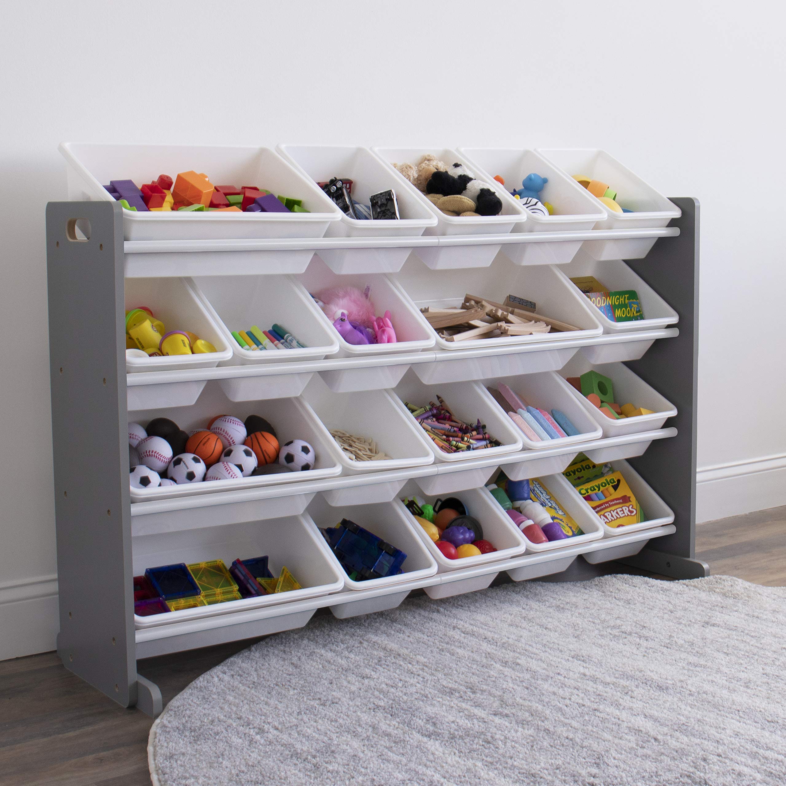 Stabilizing braces on Humble Crew organizer prevent tipping in busy playrooms.