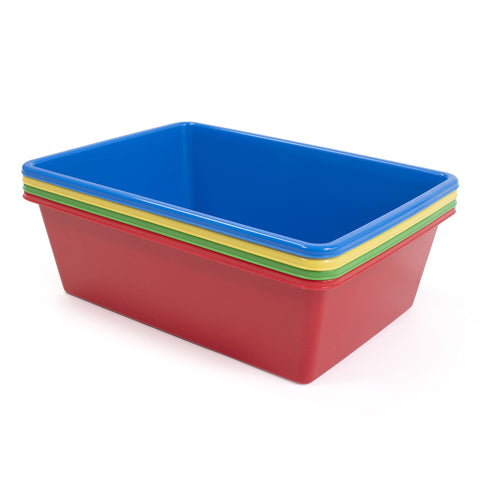 Humble Crew storage bin in primary colors stands on shelves for quick cleanups.