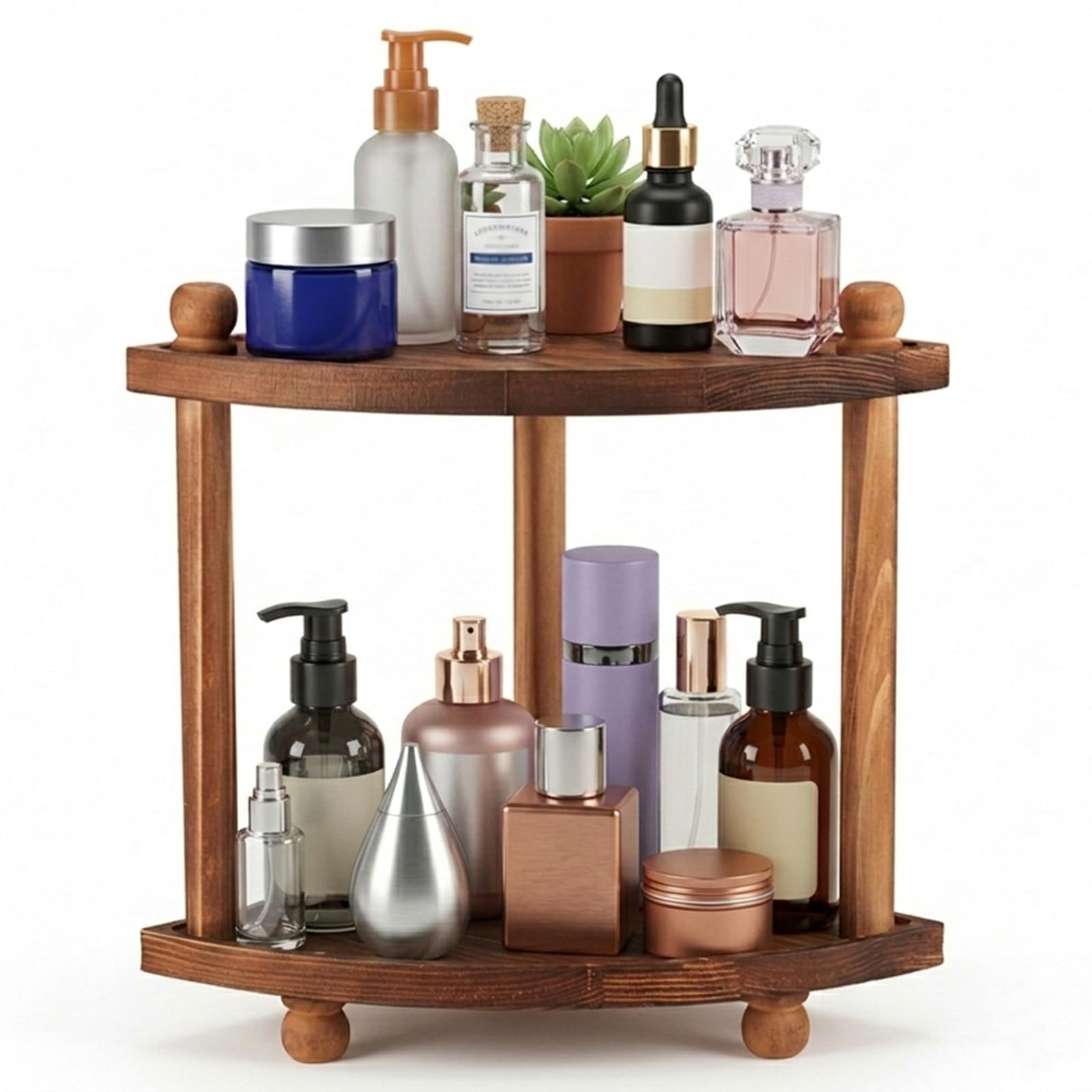 Humskur corner bathroom organizer 2-tier wood shelf displaying perfumes neatly.