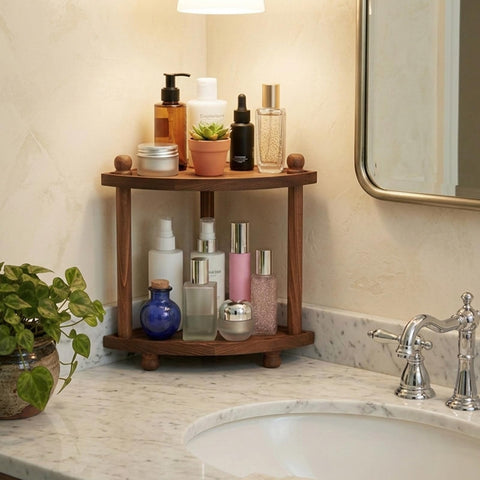 Humskur wooden countertop shelf in bathroom elevates daily essentials with stability.
