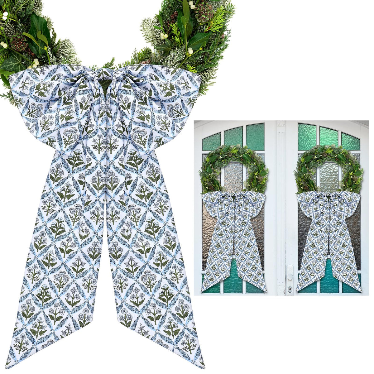 HunnmingRe blue block print wreath sash on a front door for festive curb appeal