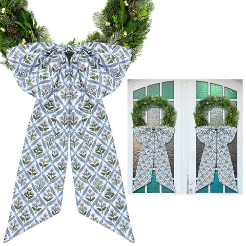 HunnmingRe blue block print wreath sash on a front door for festive curb appeal