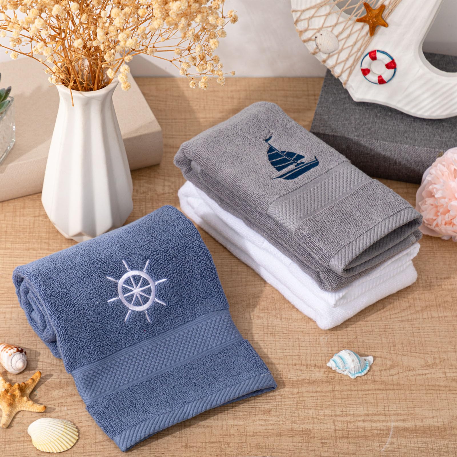 HunnmingRe coastal-decor towel contributes to beach-inspired bathroom ambiance.