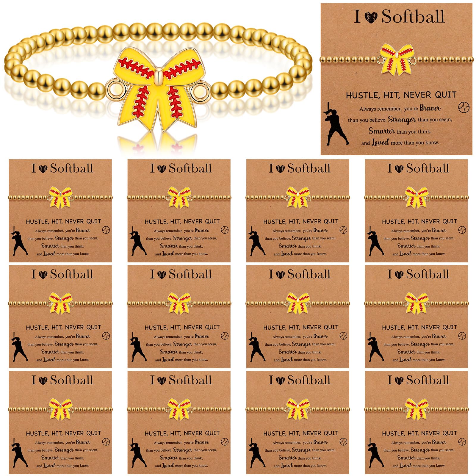 Close-up of Huquary softball bow gold beads bracelet, ideal for team gifts