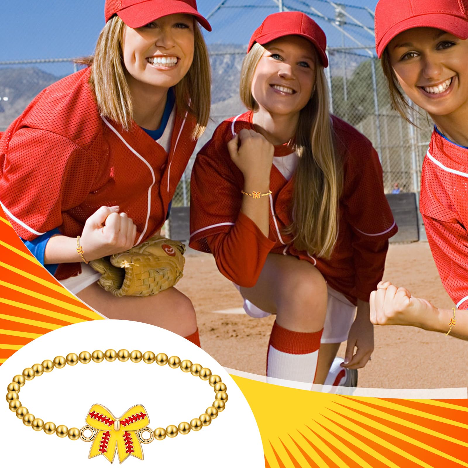 Elegant gold bead bracelet with yellow softball motif by Huquary