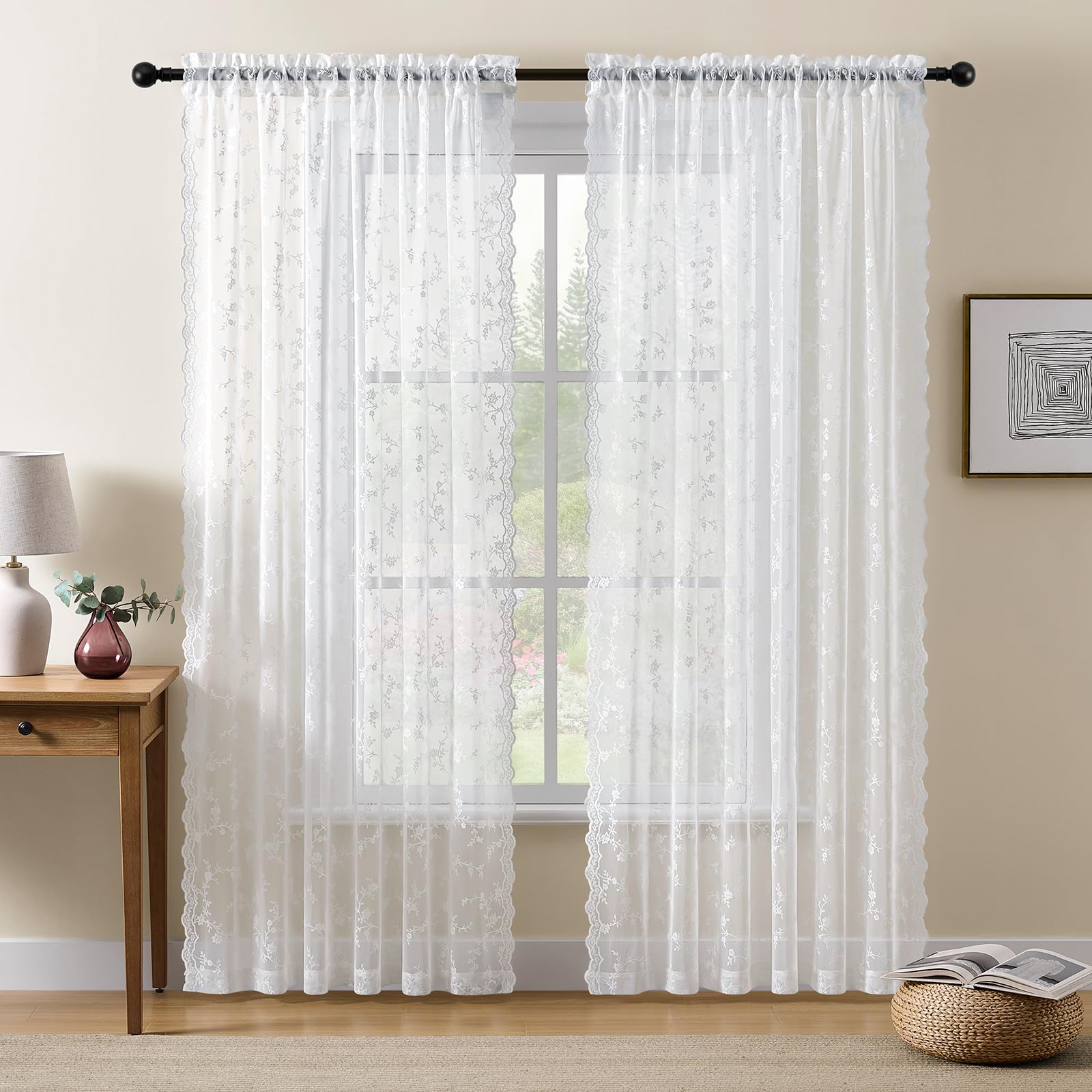 HushLoom lace curtains with branch pattern in white soften daylight while maintaining privacy.