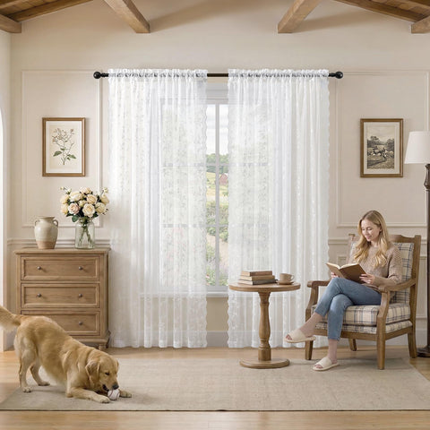 HushLoom light-filtering curtains create a bright, airy living room ambiance.