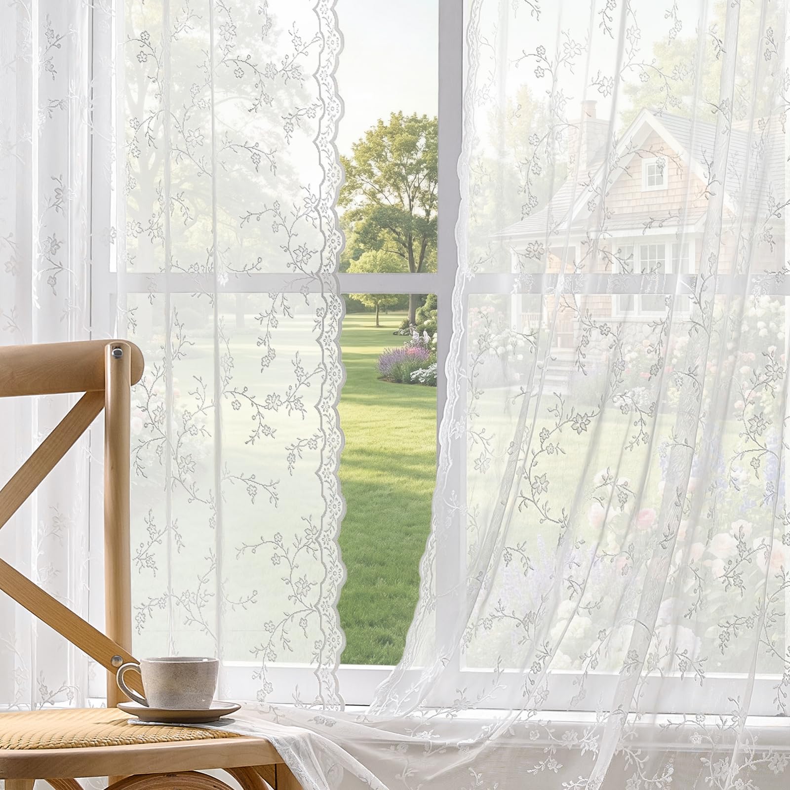 HushLoom lace curtains closeup highlights scalloped edge for romantic, vintage charm.