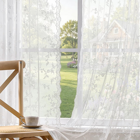 HushLoom lace curtains closeup highlights scalloped edge for romantic, vintage charm.