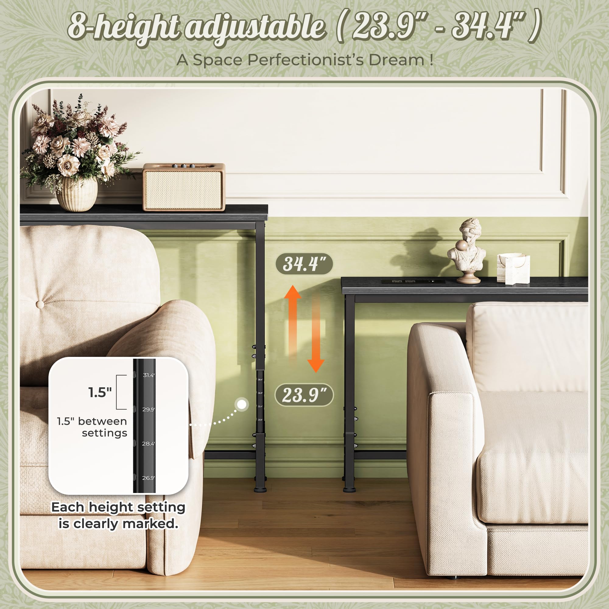 Huuger 110.2-inch sofa table height adjustments range from 23.8 to 34.4 inches.
