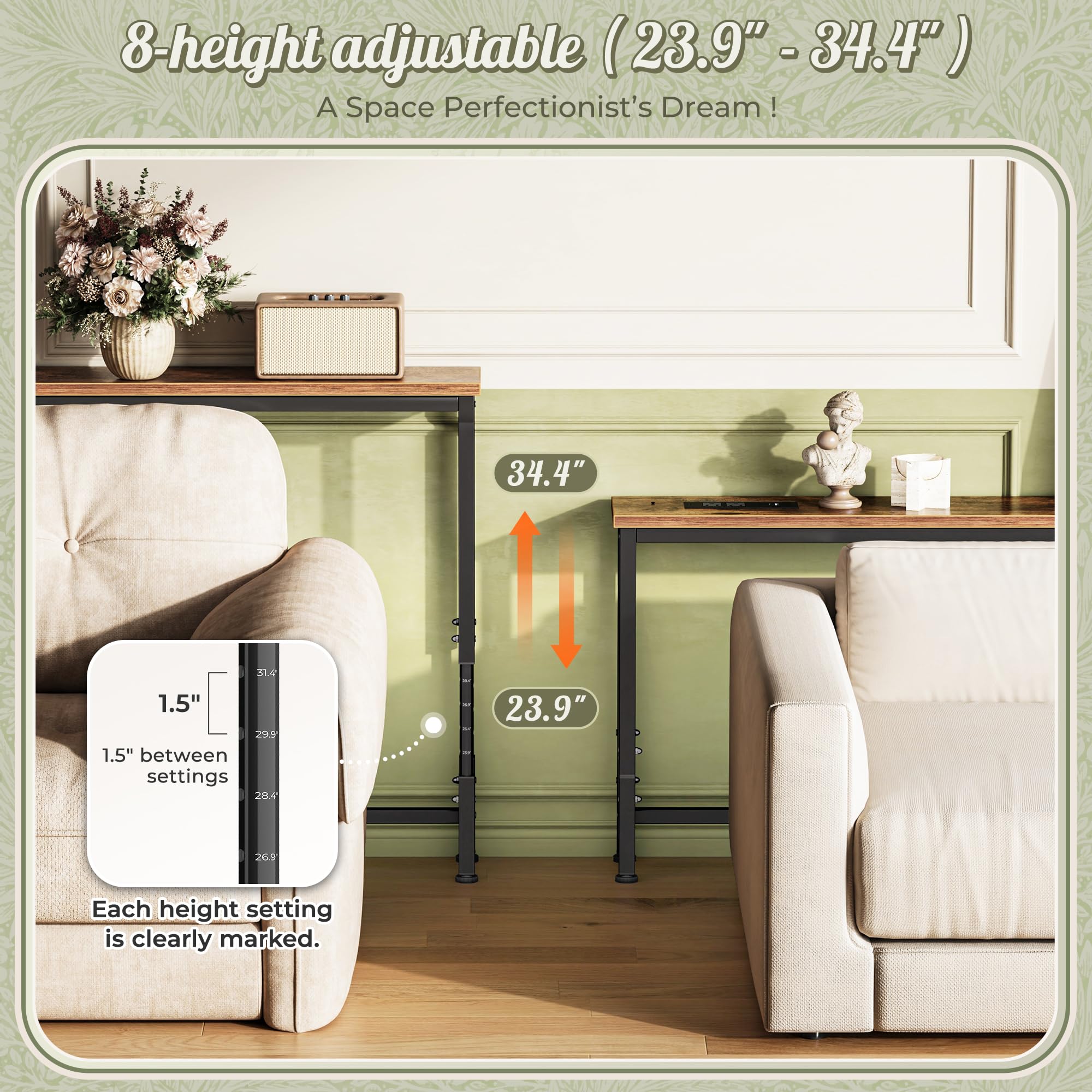 Huuger height adjustment dial illustrates 8-position range for sofa compatibility.
